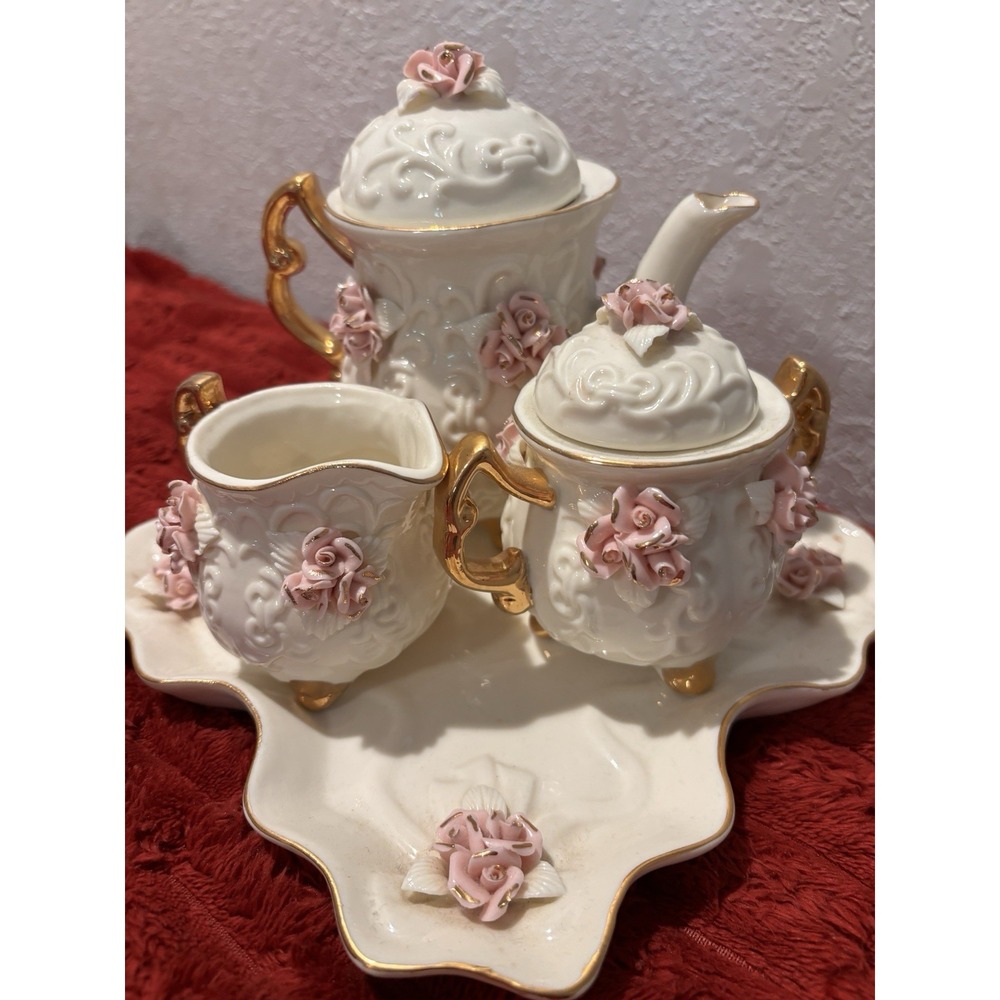 VTG Porcelain 3-D Rose 10k Gold Miniature 6 Piece Tea Set Victorian Cottagecore